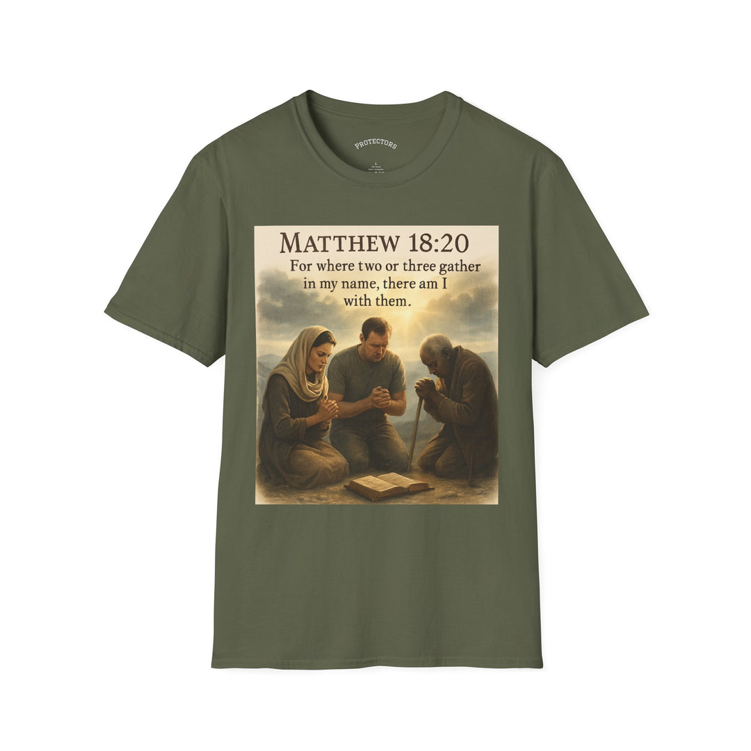 Christian Scripture T-Shirt — Matthew 18:20 and Isaiah 41:10 Faith Tee