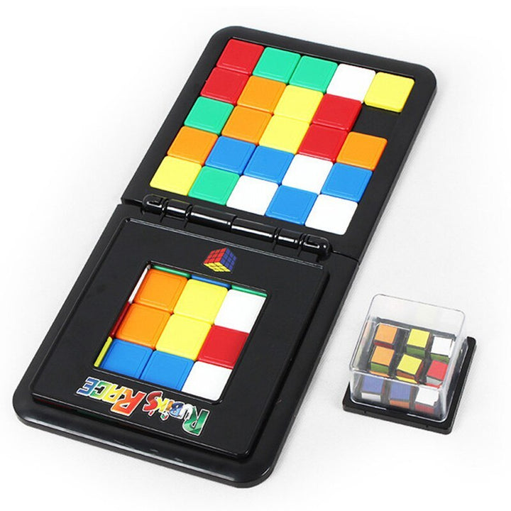 Rubik's Cube-like puzzle in a black carrying case on a white background.