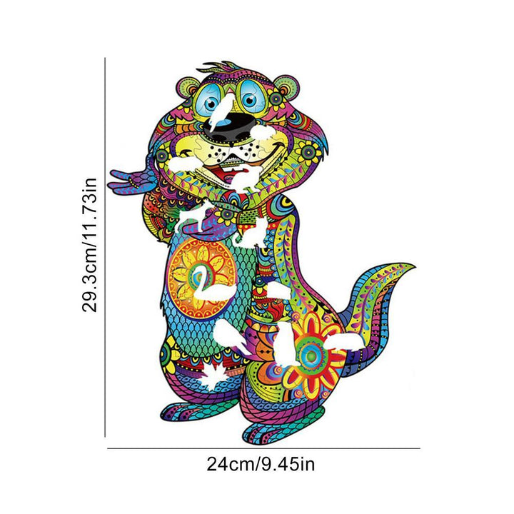 Colorful dragon design with measurements on a white background.