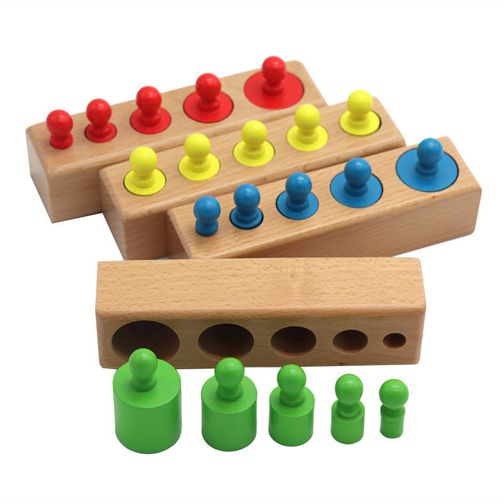 Wooden educational toy with colorful pegs on a white background.