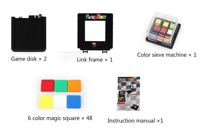 Collection of game components including game disks, link frame, color sieve machine, and a instruction manual on a white background.
