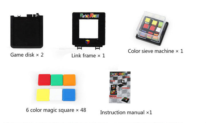 Collection of game components including game disks, link frame, color sieve machine, and a instruction manual on a white background.