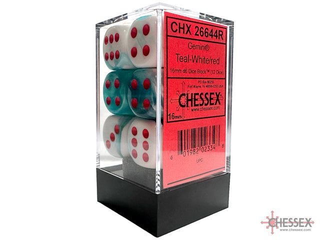 Limited Edition Gemini® 16mm d6 Teal-White/red Dice Block™ (12 dice)
