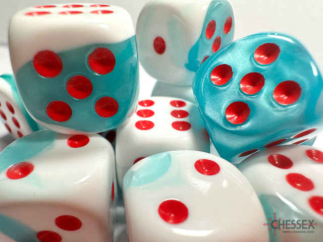 Limited Edition Gemini® 16mm d6 Teal-White/red Dice Block™ (12 dice)