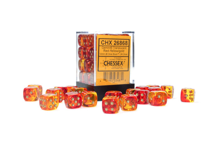 Gemini® Polyhedral Translucent Red-Yellow/gold 7-Die Set /16mm/12mm