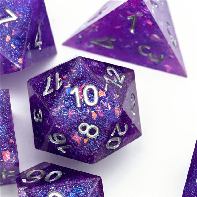 Purple Glitter Sharp Edge DND Dice Set | Gold Flake w/Silver Numbers