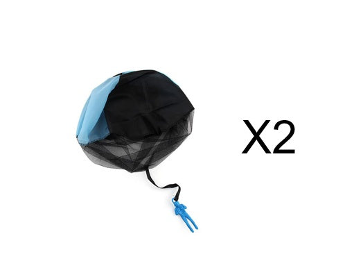 Black and blue parachute with a handle on a white background.