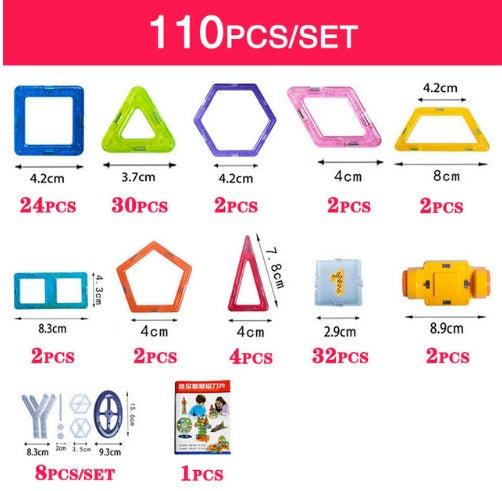 Set of colorful geometric shape templates with measurements on a white background.