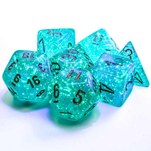 Borealis Teal/gold 7-Dice / 16mm / 12mm / 30mm Luminary