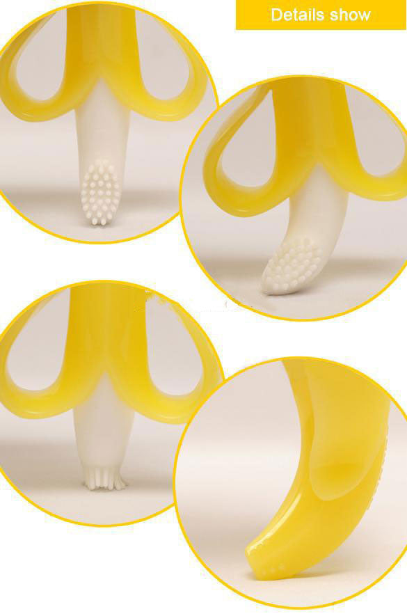 Close-up of yellow and white silicone teether with detailed texture.