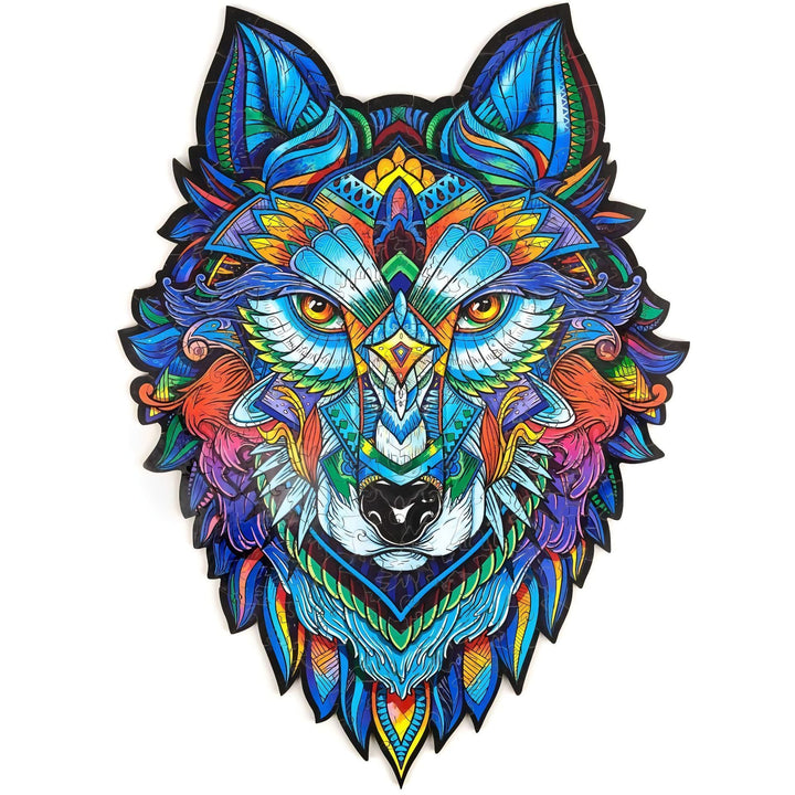 Colorful geometric wolf head design on a white background.