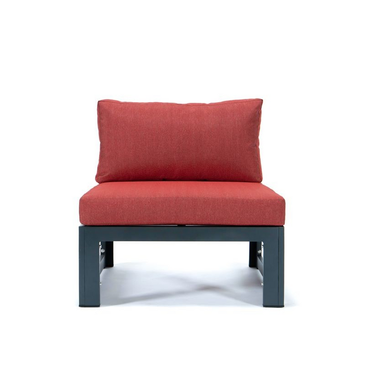 LeisureMod Chelsea 4-Piece Middle Patio Chairs Black Aluminum with Cushions Red Front of Chair.