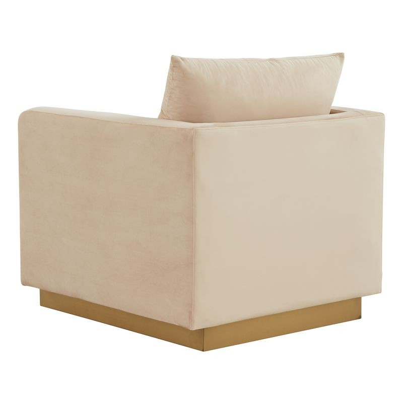 LeisureMod Nervo Velvet Accent Armchair with Gold Frame Beige Back View.