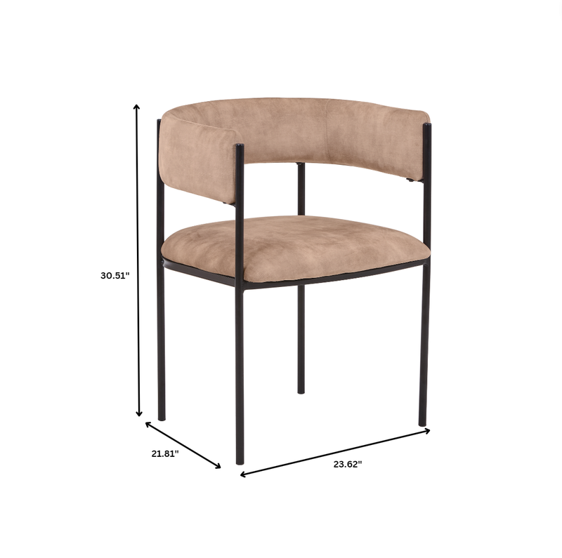 Beige chair with black metal frame and dimensions on a white background.