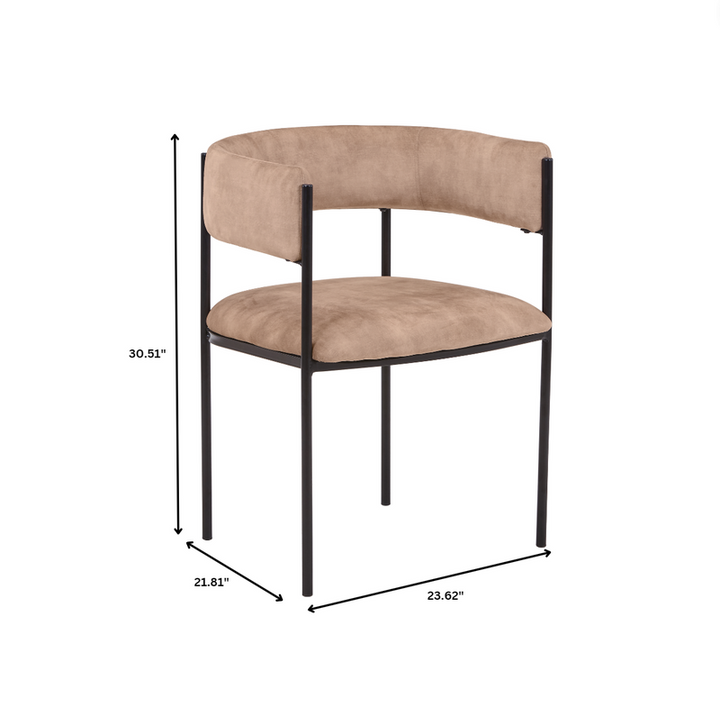 Beige chair with black metal frame and dimensions on a white background.