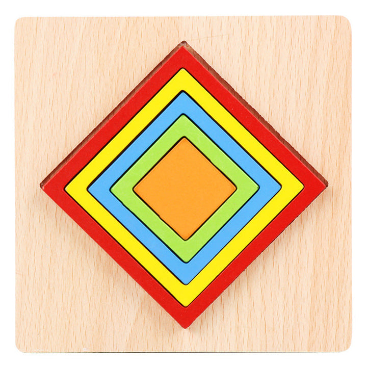 Colorful geometric wooden puzzle on a light wood background.