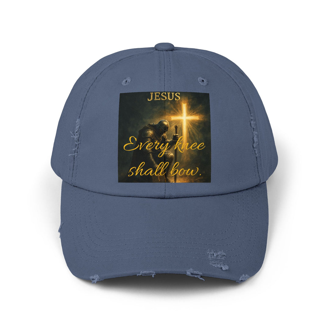 Jesus Cross Distressed Cap — "Every Knee Shall Bow" Christian Hat