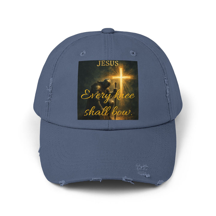 Jesus Cross Distressed Cap — "Every Knee Shall Bow" Christian Hat