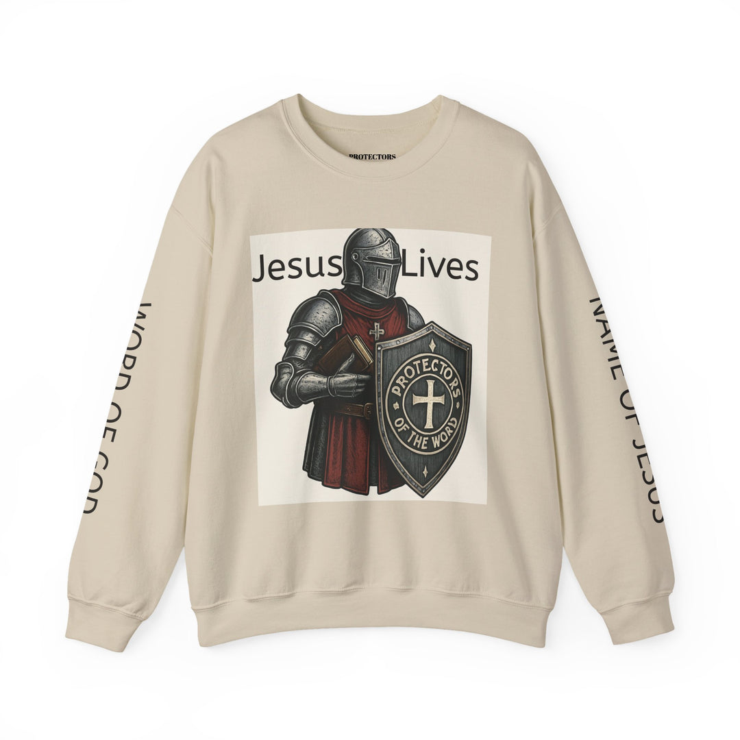 Knight Shield Crewneck Sweatshirt — "Protectors of the Word Jesus Lives"