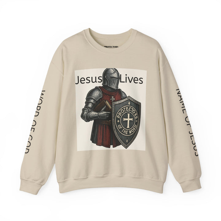 Knight Shield Crewneck Sweatshirt — "Protectors of the Word Jesus Lives"