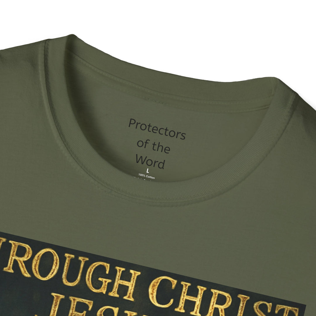 Christian Knight T-Shirt — "Through Christ Jesus" Front and "I Am Saved" Back