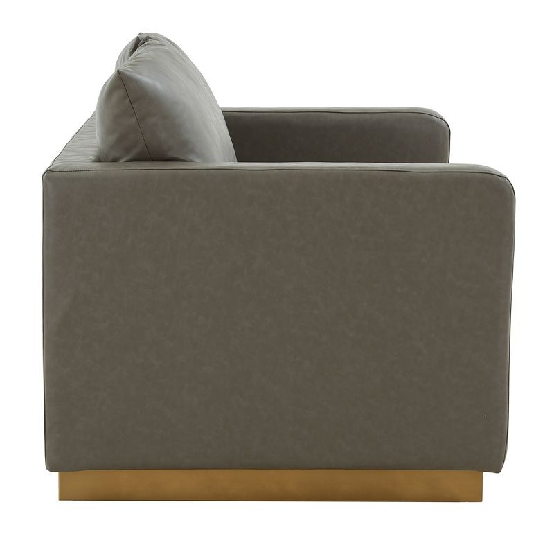LeisureMod Nervo Modern Mid-Century Upholstered Faux Leather Loveseat with Gold Frame Grey Side View.