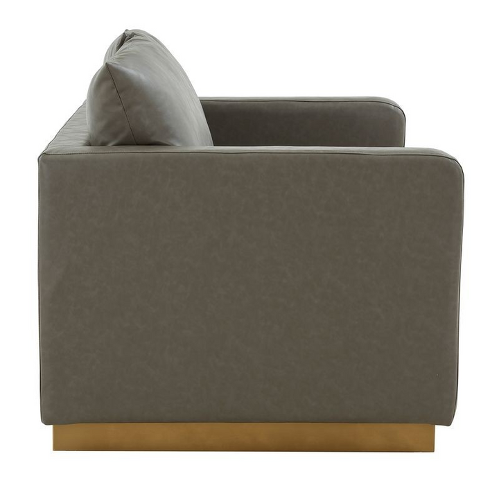 LeisureMod Nervo Modern Mid-Century Upholstered Faux Leather Loveseat with Gold Frame Grey Side View.