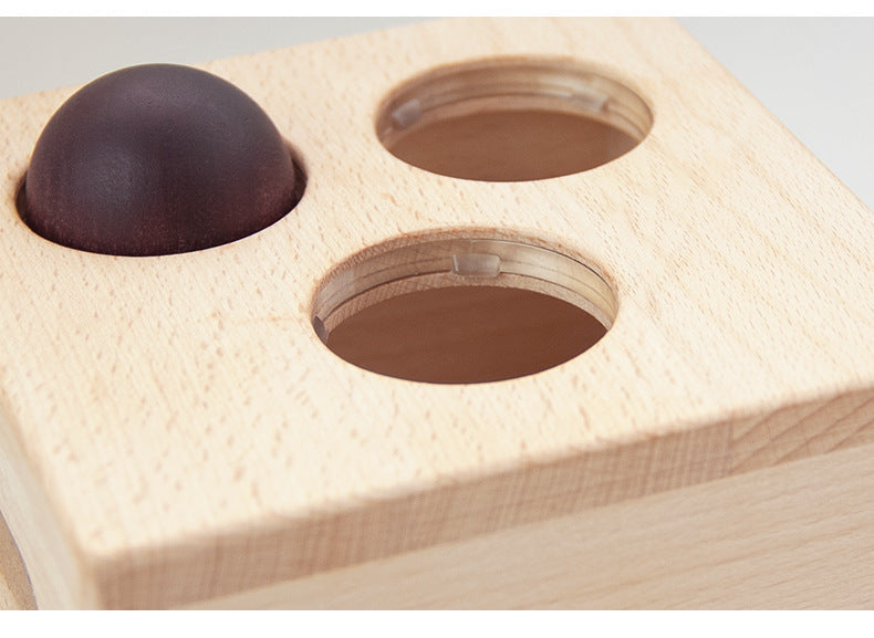 Wooden block with three circular holes filled with different colored balls on a light gray background.