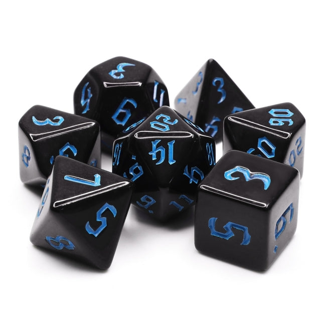 Economy Black Dice (Blue font) 7-Dice Set RPG DND