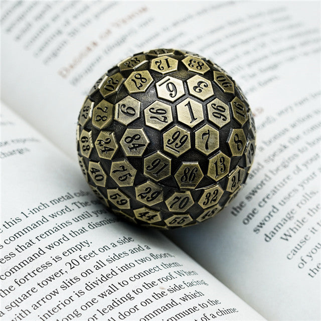 Metal Single 100 Sided Polyhedral Dice (D100) | Brass Color Solid (45mm)