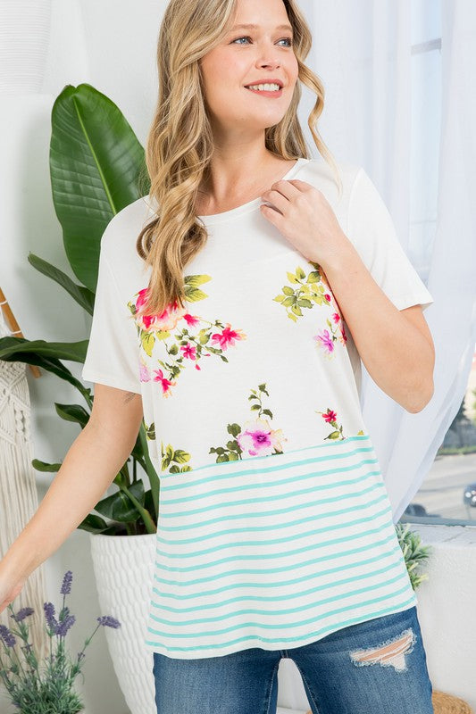 Plus Floral Stripe Mixed Top