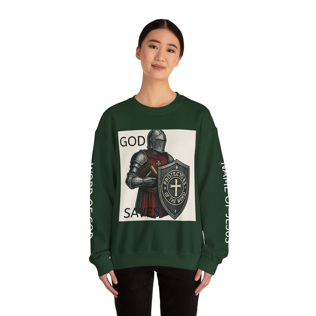 Knight Shield Crewneck Sweatshirt — "Protectors of the Word" Christian Armor Design
