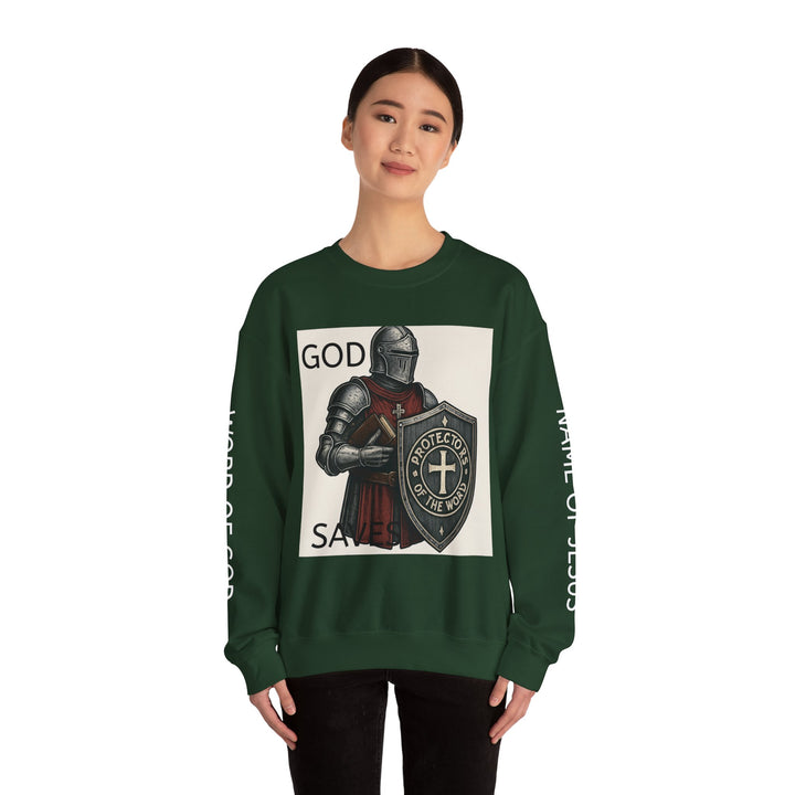 Knight Shield Crewneck Sweatshirt — "Protectors of the Word" Christian Armor Design