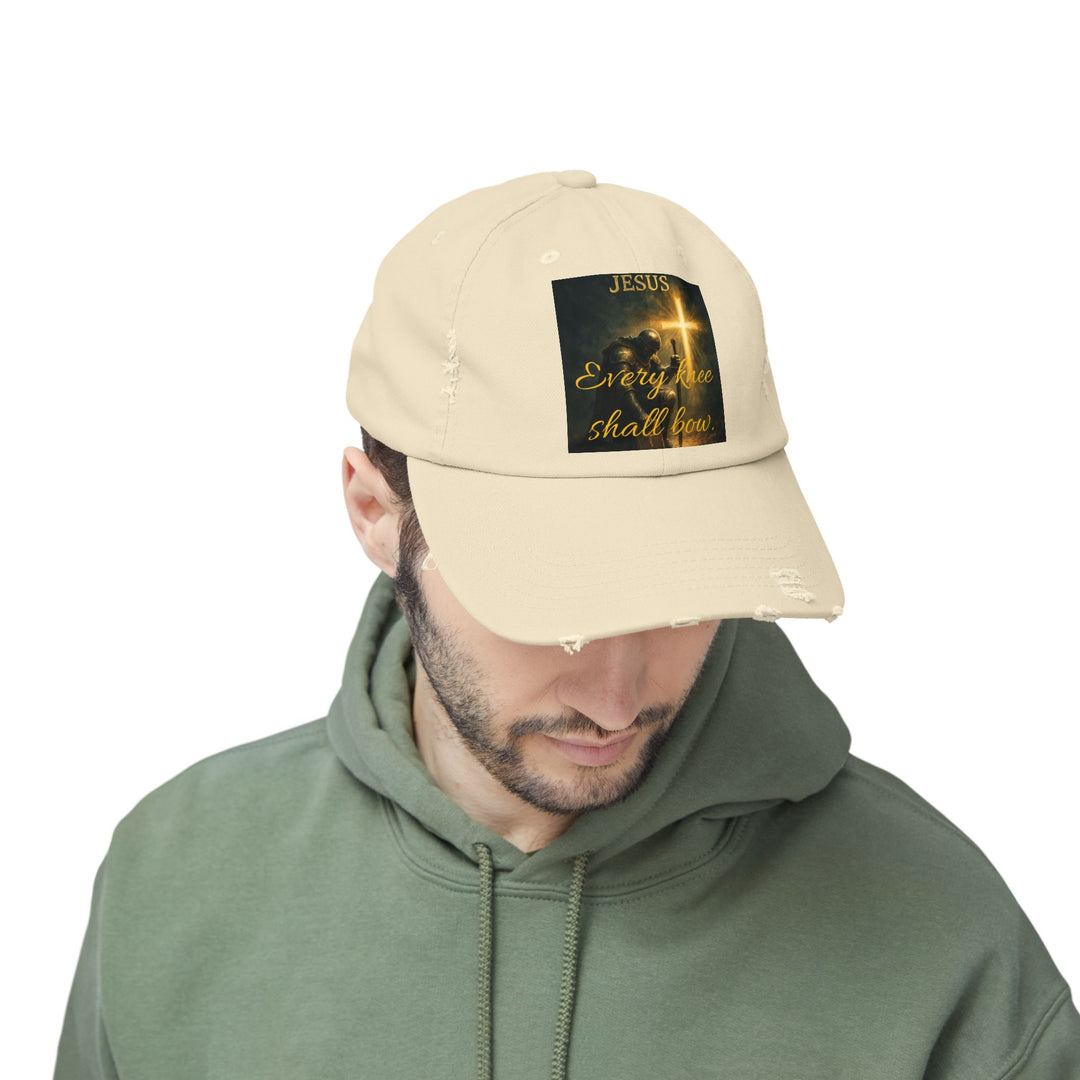 Jesus Cross Distressed Cap — "Every Knee Shall Bow" Christian Hat