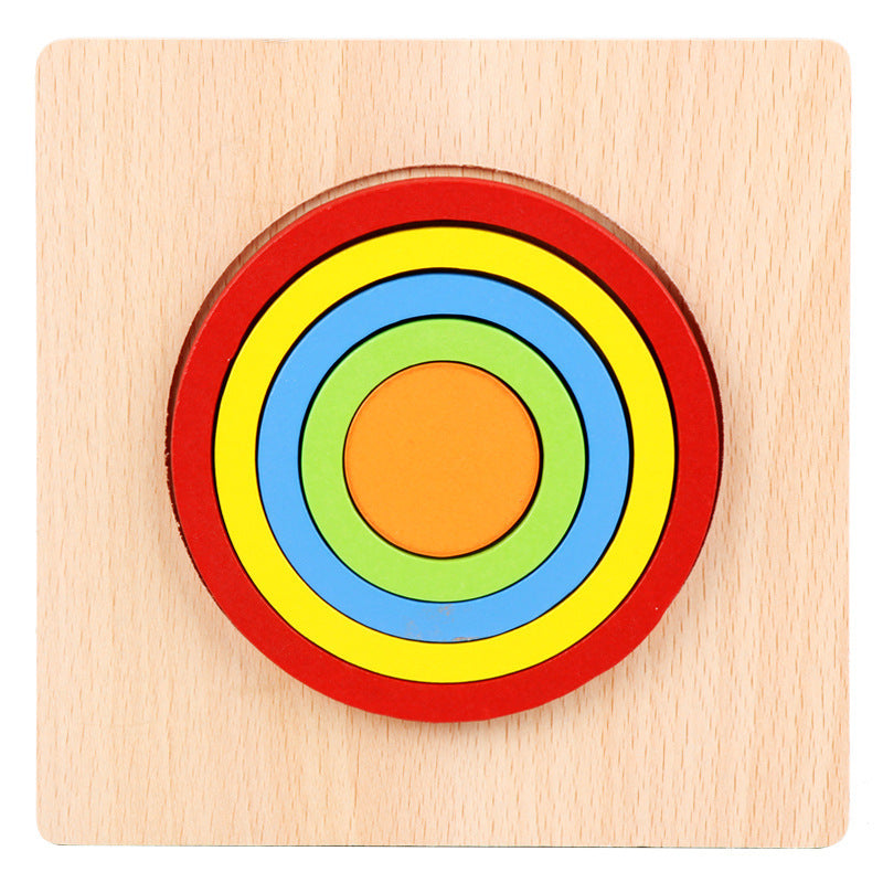 Colorful circular puzzle on a wooden base.