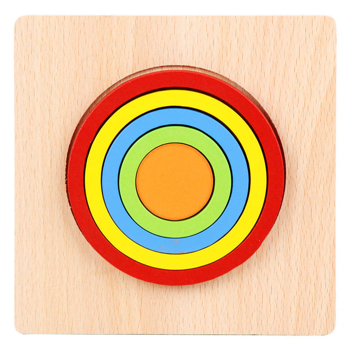 Colorful circular puzzle on a wooden base.
