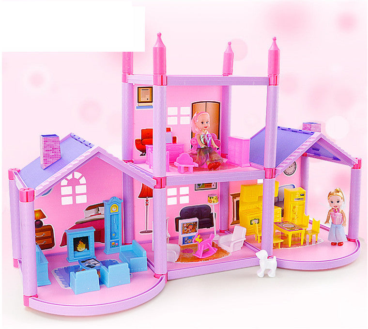 Toy dollhouse with multiple rooms and dolls on a pink background.