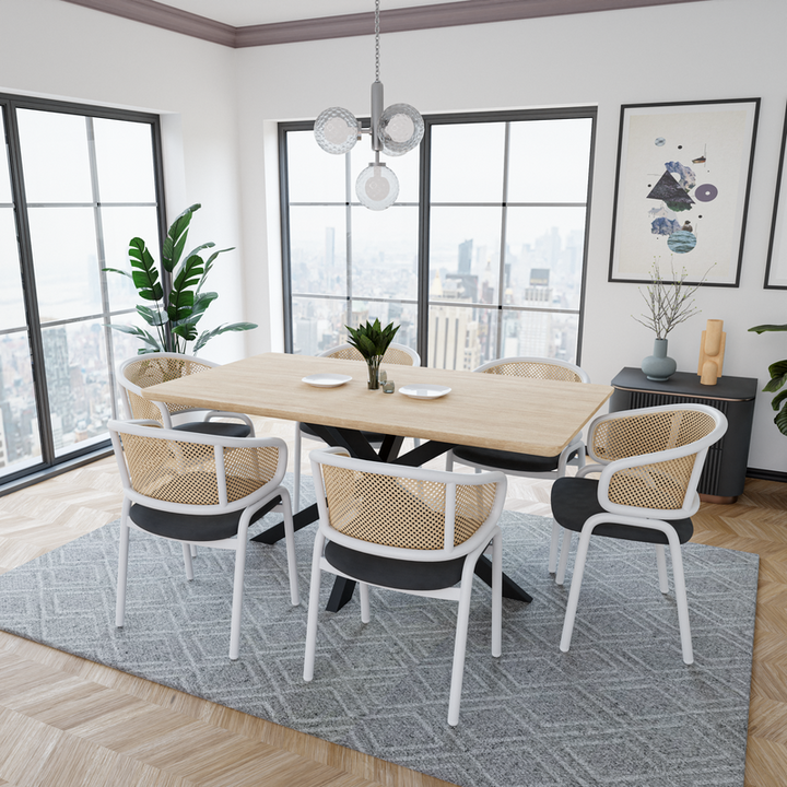 Leisuremod Ervilla Modern Dining Chair with White Powder Coated Steel Legs and Wicker Back Black in Dining Room.