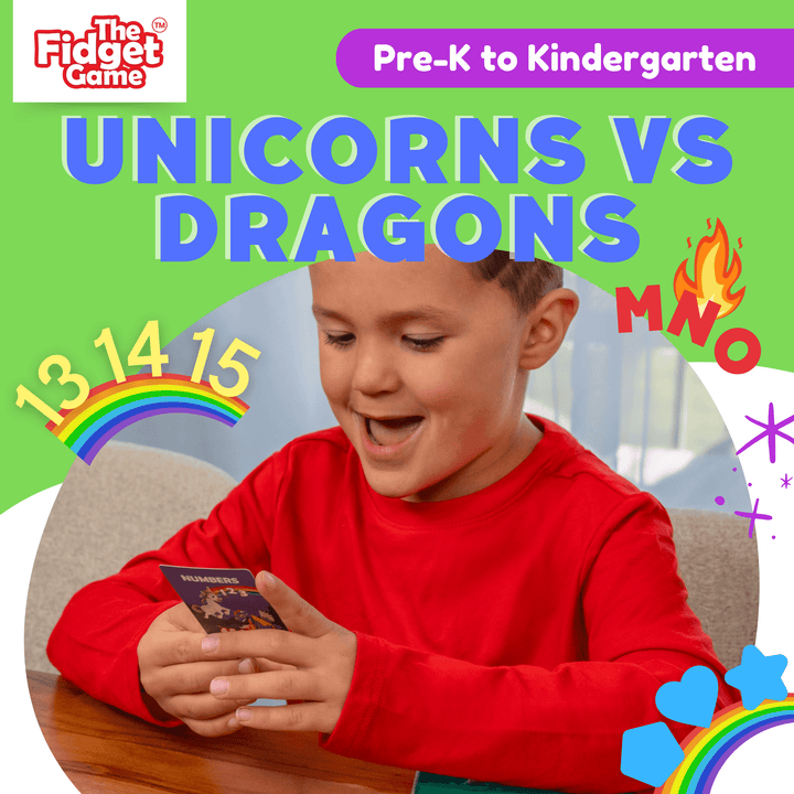Child playing with Unicorns vs Dragons game from the fidget game, with colorful graphics and text.