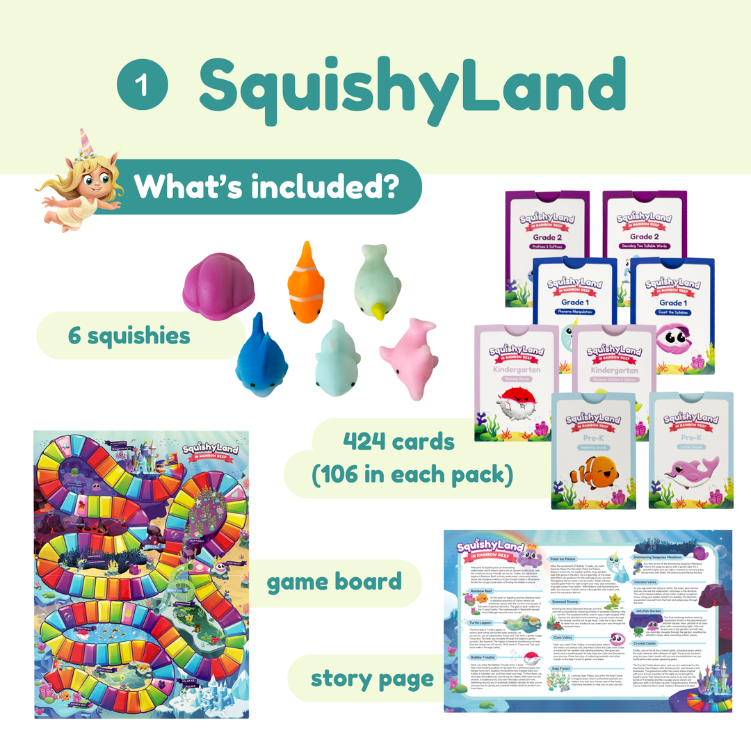 Squishy Land product set with squishes, cards, game board, and story page on a light green background.