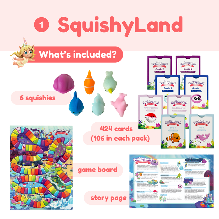 Squishy Land product set with squishies, cards, game board, and story page on a white background.