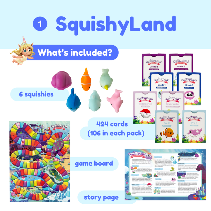 Squishy Land product set with squishies, cards, game board, and story page on a blue background.