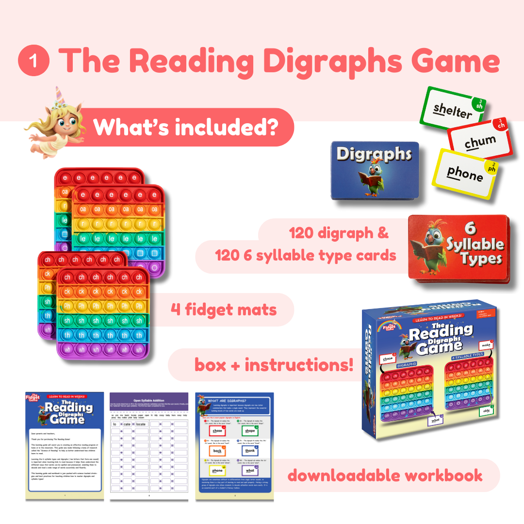 Educational game set for teaching reading digraphs with colorful components and text.