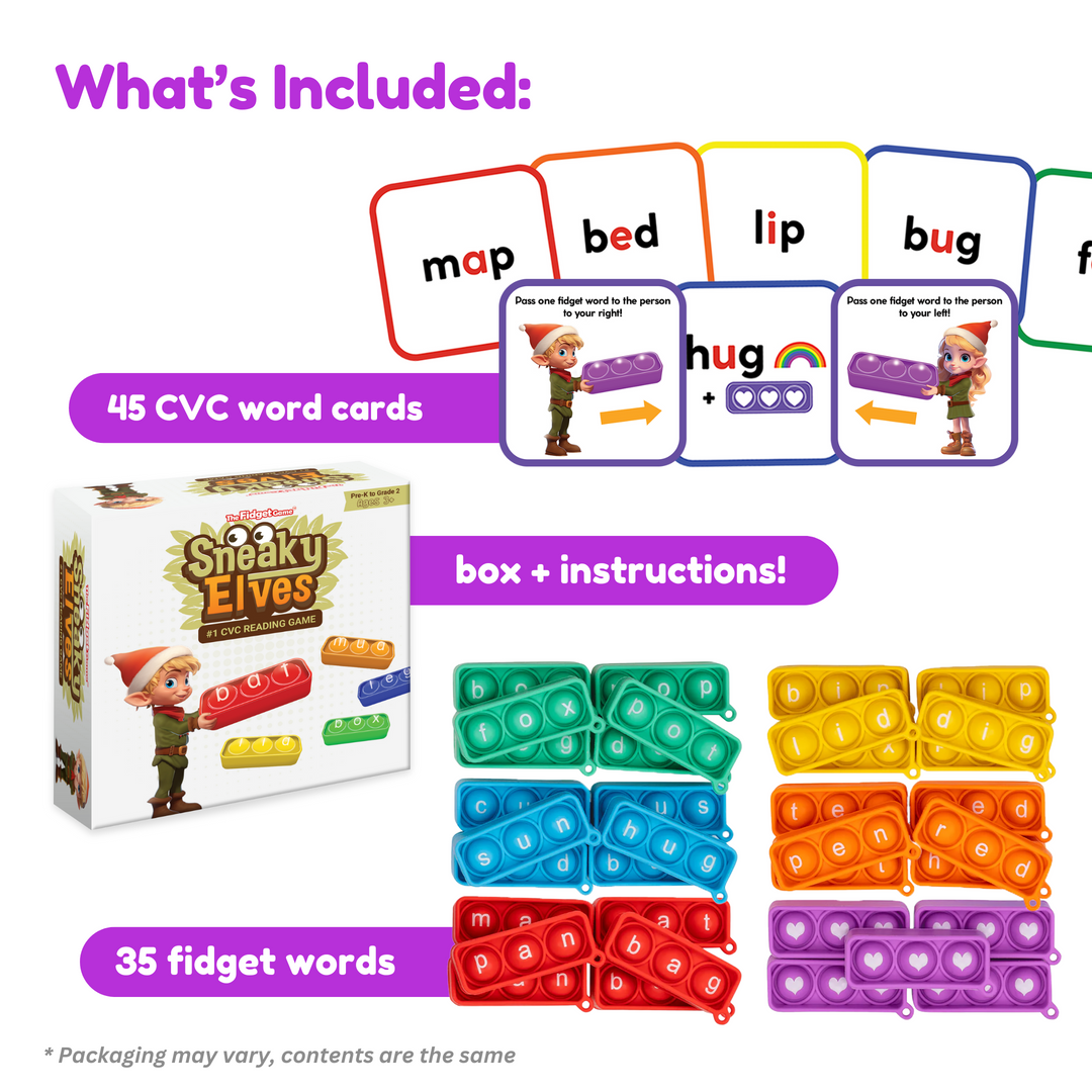 Product packaging for Sneaky Elves with fidget word cards and box.