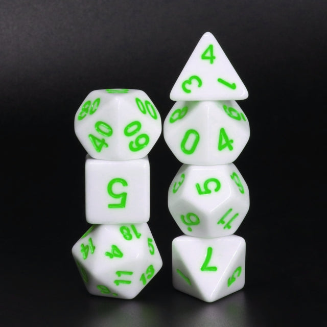 White Opaque with Green Numbering 7-Dice Set RPG