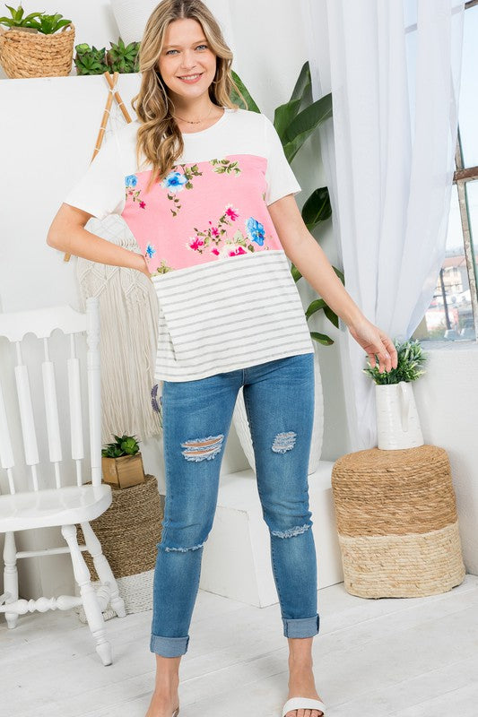 Plus Floral Stripe Mixed Top