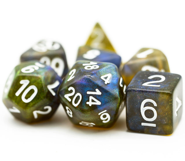Yellow & Blue w/white Galaxy Glitter 7-Dice Set RPG