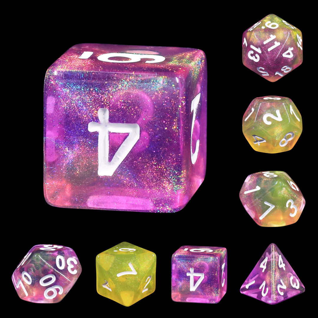 Lemon Jelly Purple/Yellow Glitter 7-Dice Set by HendgaDice
