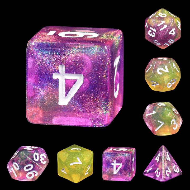 Lemon Jelly Purple/Yellow Glitter 7-Dice Set by HendgaDice