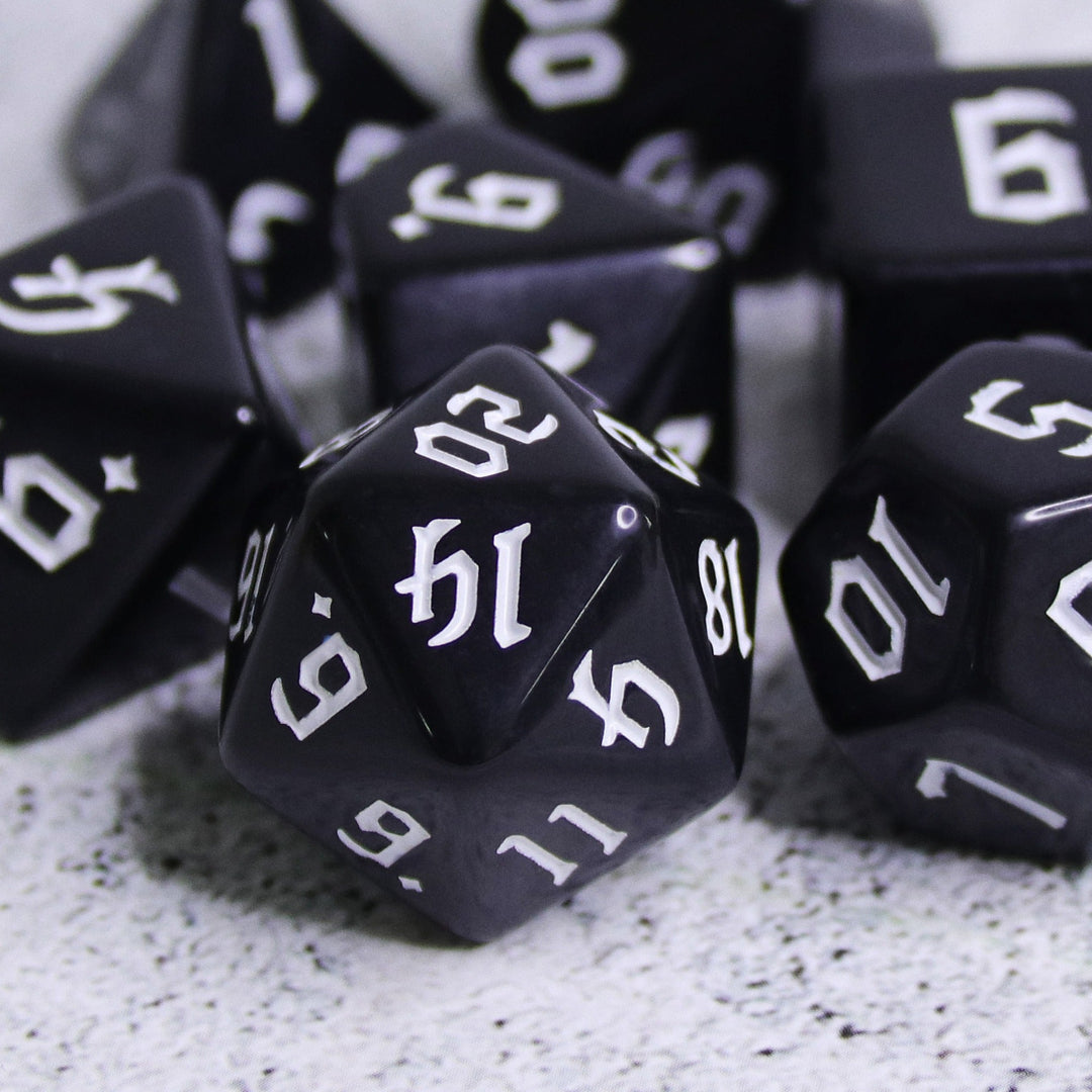 Economy Black Dice (White font) 7-Dice Set RPG DND